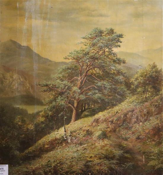 E. Roberts c.1900, oil on canvas, Scottish loch scene, signed, 61 x 50cm, unframed